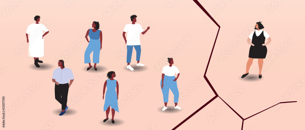 Group of people and another overweight woman one, gap between, flat vector stock illustration as concept of problem of intolerance