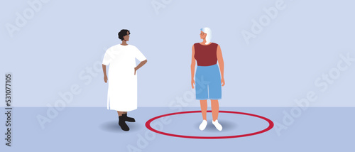 Circle line as personal boundaries in communication of relative or elderly woman, flat vector stock illustration