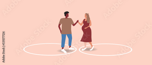 Circle line as personal boundaries in couple, flat vector stock illusion isolated, concept of trust and affection between pregnant woman and African man