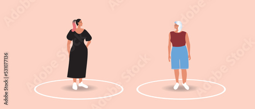 Circle line as personal boundaries in Couple, flat vector stock illusion isolated, psychological distance of women of different ages