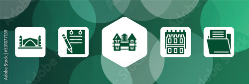 office elements filled icon set isolated on abstract background. glyph icons such as stari most, padnote, holstentor, white tower of thessaloniki, file folder vector. can be used for web and mobile.