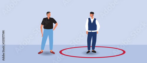 Circle line as personal boundaries in LGBTQCouple communication, flat vector stock illustration with gay men mental zone