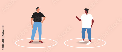 Circle line as personal boundaries in LGBTQMulticultural couple, flat vector stock illustration with personal psychological zone, people are isolated