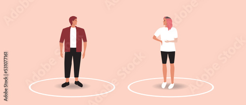 Circle line as personal boundaries in pair, flat vector stock illustration with mentally healthy relationship or counterdependence
