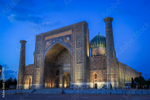 Evening Panoramic View to the Highlighted Registan square in Samarkand, Uzbekistan