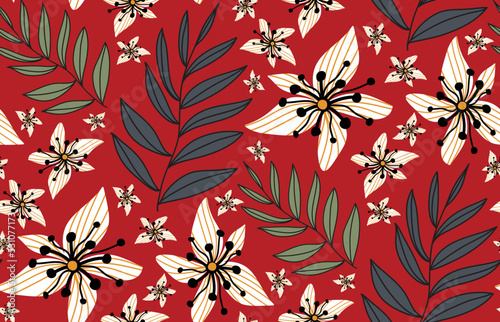 Abstract Hand Drawing Geometric Tropical Hibiscus Flowers and Leaves Seamless Vector Pattern Isolated Background