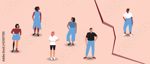 Group of people and african woman with overweight  gap between  flat vector stock illustration as concept of problem black skin people