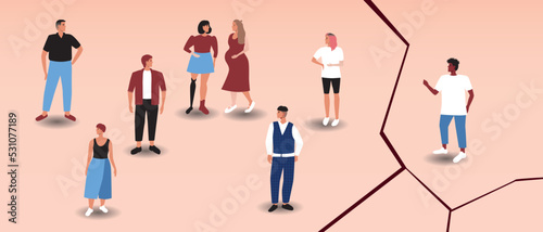 Group of people and alone african man, gap between, flat vector stock illustration as concept of problem of separation of ethnic groups photo