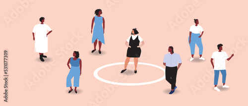 Overweight woman introvert and crowd of people as personal boundaries, flat vector stock illustration as concept of circle as mental zone