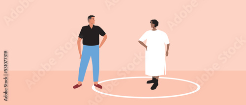 Round line as concept of personal boundaries in pair, flat vector stock illustration with violation of private zone