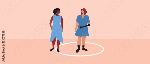 Round line as concept of personal boundaries of disabled person with prosthesis, flat vector stock illustration with encroachment on private zone