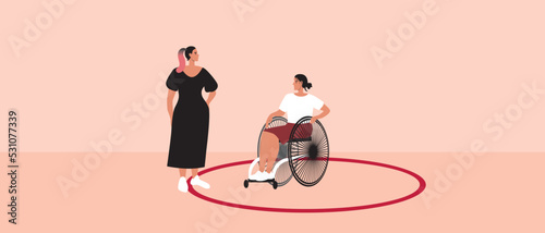 Round line as concept of personal boundaries of disabled person, flat vector stock illustration with violation of private zone