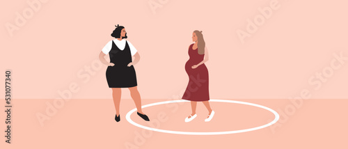 Round line as concept of personal boundaries of pregnant woman, flat vector stock illustration with violation of private boundaries