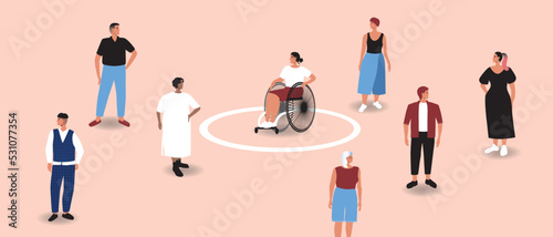 Wheelchair invalid introvert and crowd of people as personal boundaries, flat vector stock illustration as concept of circle as private zone