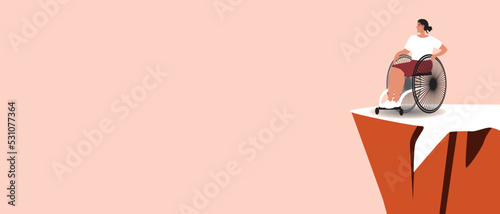 Wheelchair woman at top of cliff, mountains, flat vector stock illustration or copy space pattern, concept achievements of inclusive people