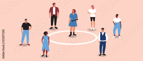 Woman with prosthesis introvert and crowd of people as personal boundaries, flat vector stock illustration with circle line as concept of mental health