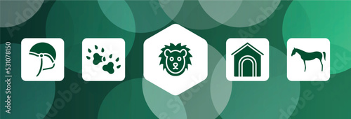 horses filled icon set isolated on abstract background. glyph icons such as jockey hat, dog paw, lion face, dog and pets house, horse black side shape vector. can be used for web and mobile.