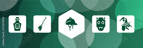 halloween filled icon set isolated on abstract background. glyph icons such as poison, broom, hat for a jockey, devil, witch vector. can be used for web and mobile.