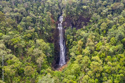An aerial view of Tawai Waterfall, the biggest waterfall in the Heart of Borneo. Sabah, Malaysia.