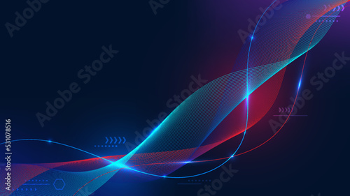 Abstract technology digital futuristic blue and red flowing dynamic wave lines with lighting effect