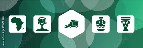 africa filled icon set isolated on abstract background. glyph icons such as africa, african man, snowplow, canteen, drum vector. can be used for web and mobile.