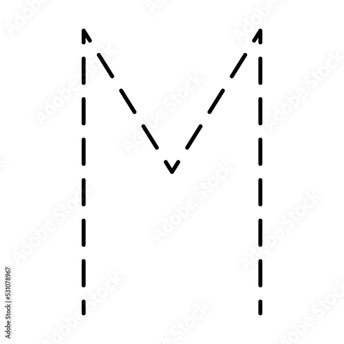 Tracing Alphabet letter M prewriting dotted line element for kindergarten, preschool and Montessori school kids worksheet for handwriting practice activity.