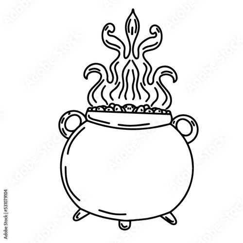 The linear element of Halloween is a witch's cauldron in the style of doodles. PNG illustration for postcards, invitations, scrapbooking, stickers, advertising on a transparent background