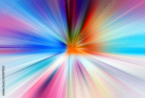 Abstract surface of radial blur zoom in blue, pink and orange tones. Delicate blue-pink background with radial, diverging, converging lines. 