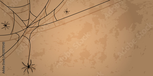 Vector illustration. Halloween background with spiders with shadow, spider web on dirty wall. Halloween party invitation card mockup. Happy Halloween banner design. Abandoned room, copy space for text