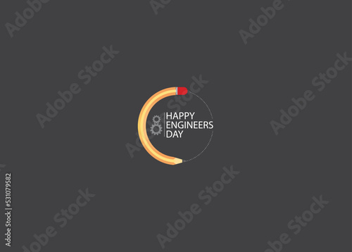 happy engineer day concept. round pencil, wheel, and happy engineer day text. isolated on black background.
