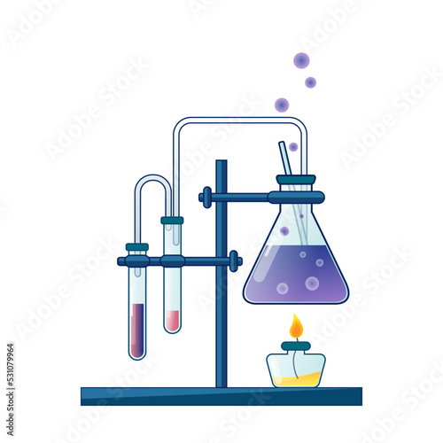 Vector illustration of chemistry reaction with flask, spirit lamp, test-tube. Pharmacy and genetics equipment for scientific experiments. Lab research, testing, studies in chemistry, physics, biology.