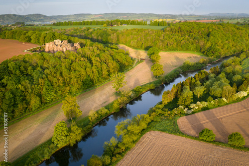 Aerial view of Goodrich Castle and the River Wye near Ross on Wye, Herefordshire, England photo