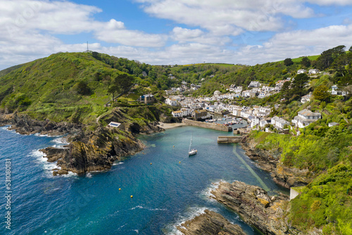 Aerial view of the picturesque Cornish fishing village, Polperro, Cornwall, England photo