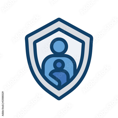 Parents and child avatar in shield badge for online safety kids symbol. Kids watch safe content on internet. Parental control outline flat solid icon Vector illustration filled outline style EPS10