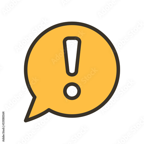 Bubble chat with exclamation mark inside for error message. Warning pop up notification. Hazard warning symbol. Chat, caution, warning icon. Vector illustration filled outline style. EPS10