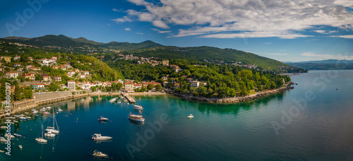 Aerial view of boats in the harbour at Ika, Ika, Kvarner Bay, Eastern Istria, Croatia photo