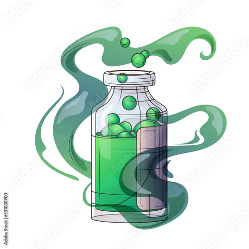 Vector illustration of glass flask with liquid with bubbles. Witchcraft green potion in bottle. For Halloween design.  Halloween props.