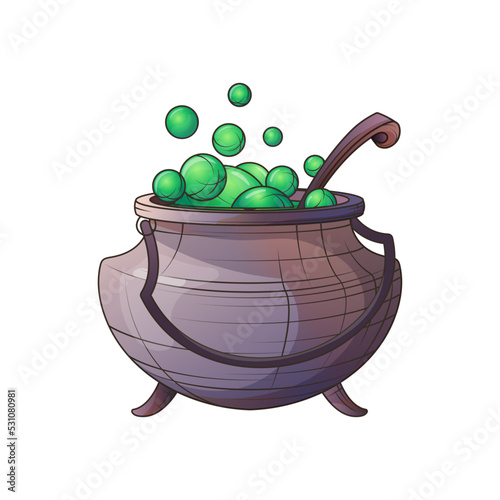 Vector illustration of cauldron with liquid with bubbles. Witchcraft green potion in boiler. Witch bowler with potion. For Halloween design. Halloween props. 