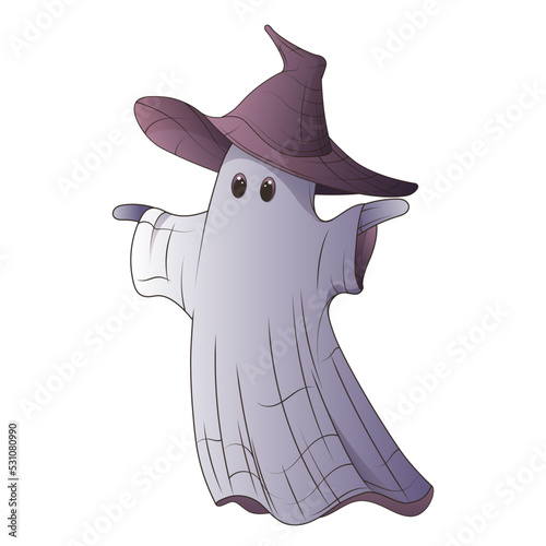 Vector illustration of ghost with witch hat isolated on white. Halloween phantom with witch hat on. For Halloween design. Halloween props.
