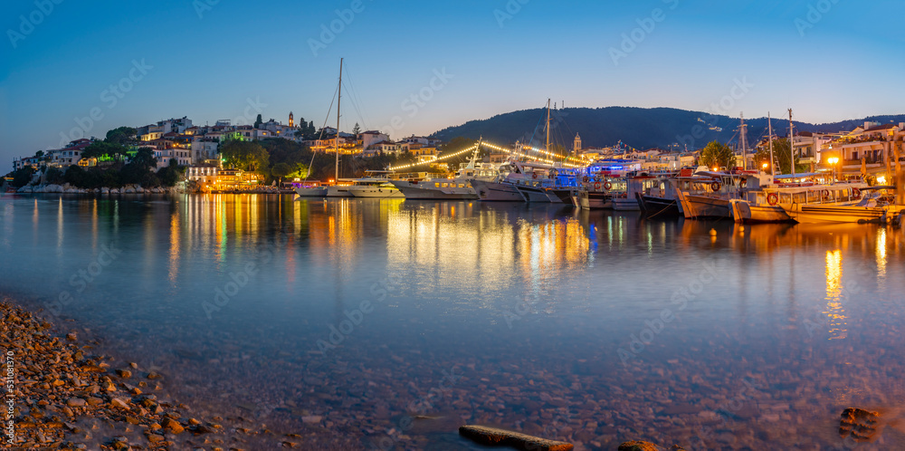 View of Belvedere Skiathos Old Port at dusk in Skiathos Town, Skiathos Island, Sporades Islands, Greek Islands, Greece View of Belvedere Skiathos Old Port at dusk in Skiathos Town, Skiathos Island, Sporades Islands, Greek Islands, Greece