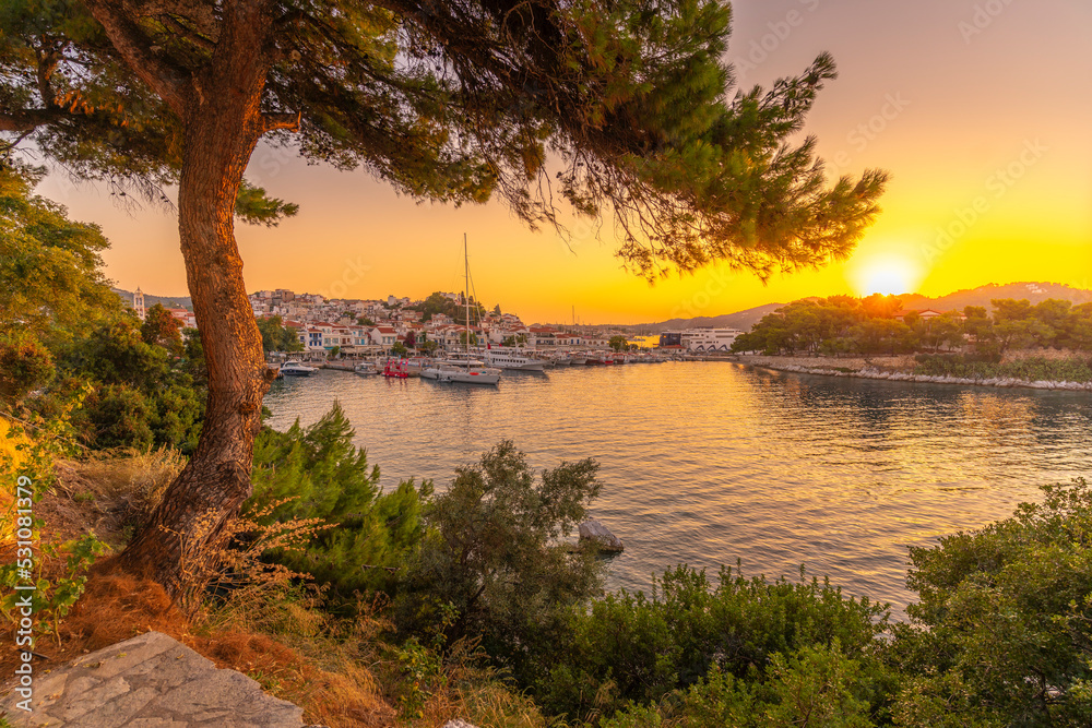 View of Belvedere Skiathos Old Port from elevated position at sunrise in Skiathos Town, Skiathos Island, Sporades Islands, Greek Islands, Greece View of Belvedere Skiathos Old Port from elevated position at sunrise in Skiathos Town, Skiathos Island, Sporades Islands, Greek Islands, Greece