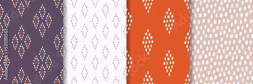 Set of seamless patterns with decorative rhombuses and specks. Geometric vector background with folk, boho motifs.