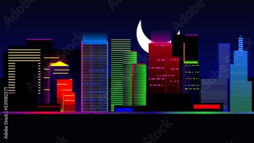 Flat 2d retro style city skyline animation in 4K 60FPS.