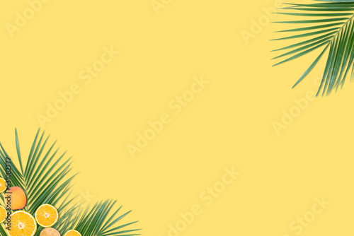 Fruit slices and palm leaves on a yellow background