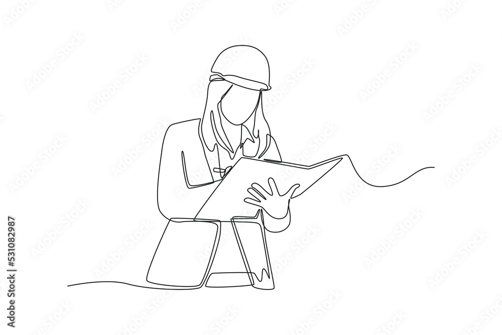 Continuous one line drawing female worker wearing safety suit checking data on the construction site. Boss move concept. Single line draw design vector graphic illustration.