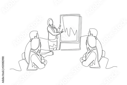Continuous one line drawing Business woman gives presentation and explain graph strategy profit growth result in company meeting. Boss move concept. Single line draw design vector graphic illustration