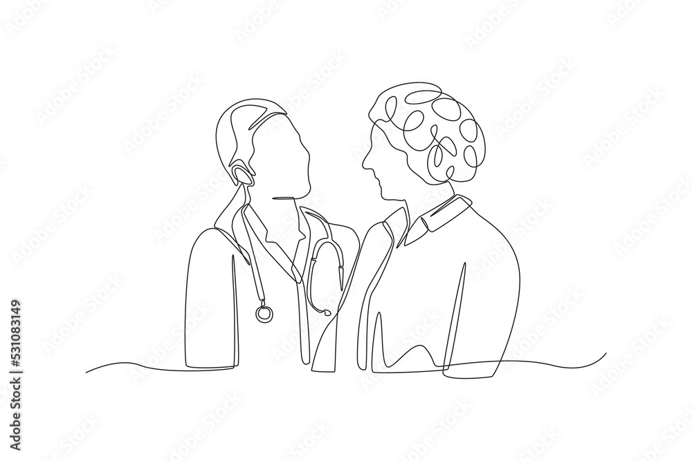 Continuous one line drawing female doctor talking with her patient. Hospital concept. Single line draw design vector graphic illustration. Continuous one line drawing female doctor talking with her patient. Hospital concept. Single line draw design vector graphic illustration.