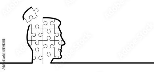 Head, face and jigsaw puzzle pieces. World alzheimer's day. People suffering from the brain disease and memory loss, for neurology, mental illness. Alzheimer disease symptoms. June or September