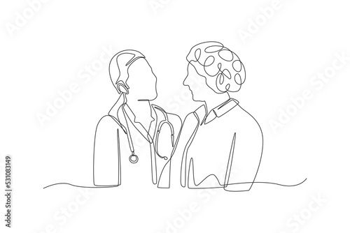 Continuous one line drawing female doctor talking with her patient. Hospital concept. Single line draw design vector graphic illustration.