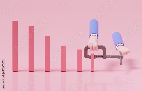Hand using squeezing tool to compress latest bar of falling down bar graph, downsizing business, laying off employees, economic recession concept, 3d render illustration.